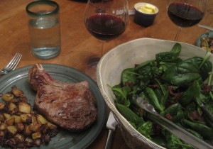 Pork Chops with roasted roots and spinach salad with hot bacon dressing