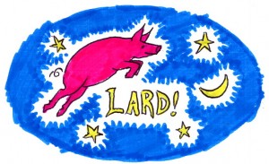 Lard Pig jumping over the moon label