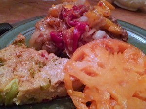 Broccoli pie served with Pork Chops with peppers and onions and a sliced yellow Brandywine!