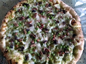 field stone pizza pea pesto shroom our bacon