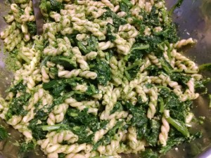 mizuna pesto pasta with spinach greens